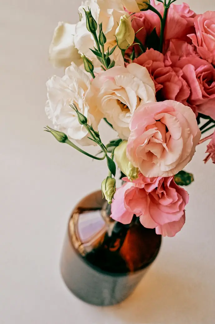 pink and white roses in brown vase